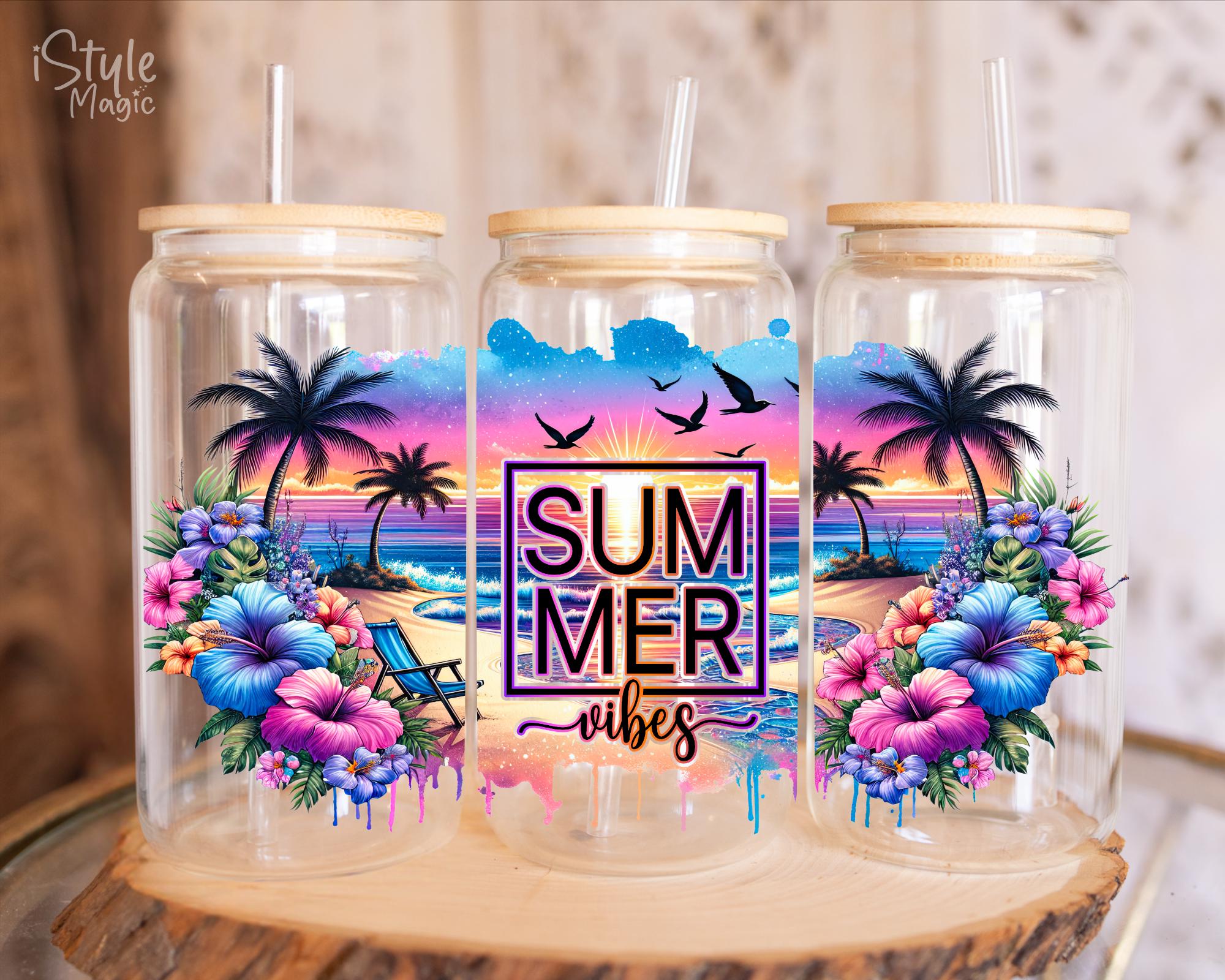 Summer Vibes - 16oz Libbey Glass Can Wrap Sublimation, Beach Palm Trees ...