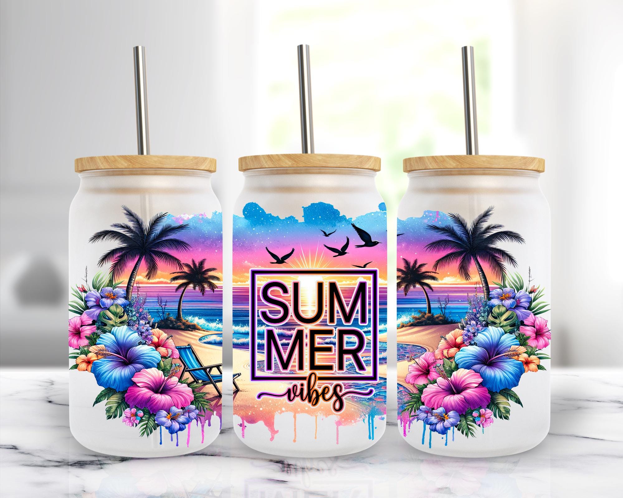 Summer Vibes - 16oz Libbey Glass Can Wrap Sublimation, Beach Palm Trees ...