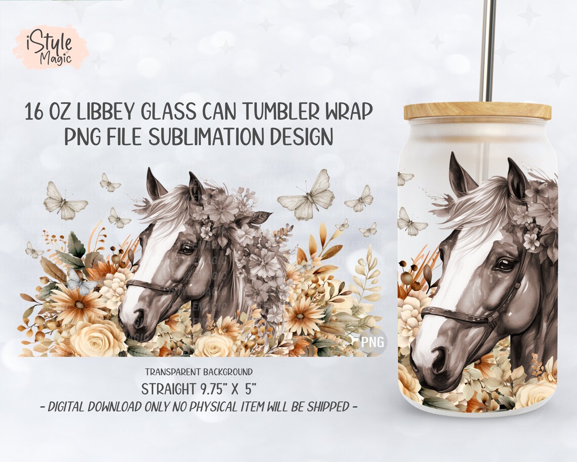 Boho Floral Horse, 16 Oz Libbey Glass Can Wrap Sublimation Design ...