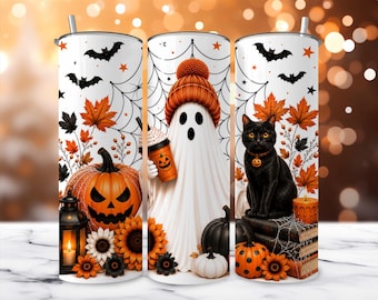 Halloween Ghost Tumbler Wrap PNG, Black Cat Spider Web Fall Pumpkin Sublimation Design (Digital Download)