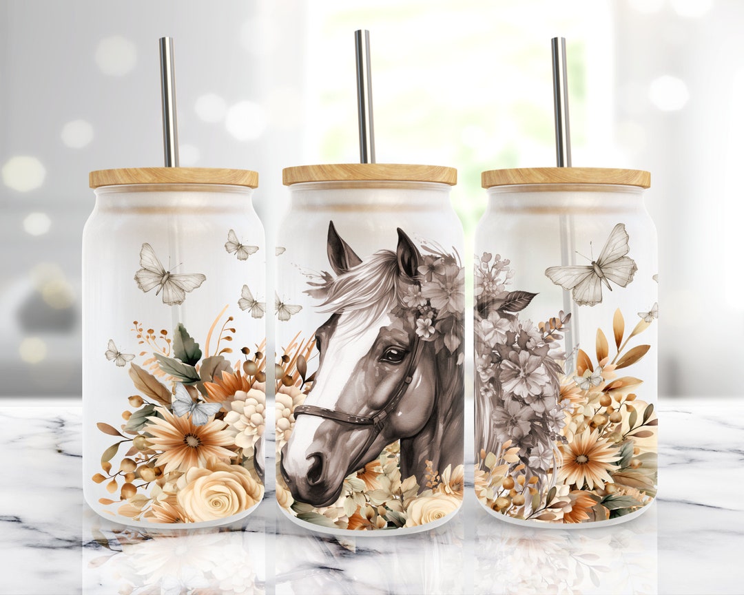 Boho Floral Horse, 16 Oz Libbey Glass Can Wrap Sublimation Design ...