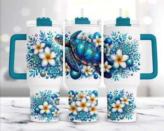 Sea Turtle Plumeria Floral 40oz Quencher Tumbler Wrap Template Sublimation Design PNG