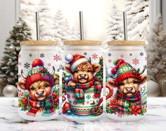 Christmas Baby Cute Highland Cow 16oz Libbey Frosted Glass Can Wrap Tumbler Sublimation Design, Christmas Cup, PNG Download