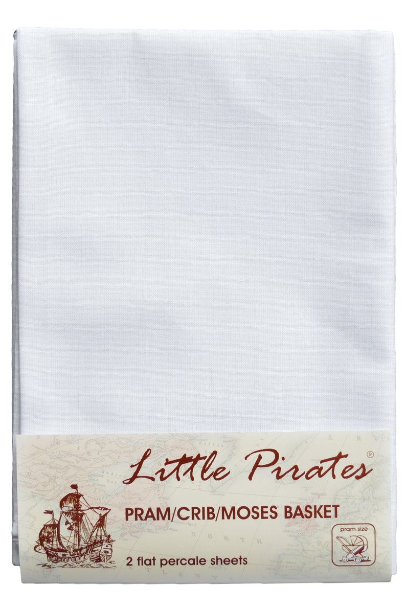 May include: A folded stack of two white percale sheets for a pram, crib, or Moses basket. The packaging features the "Little Pirates" logo with a ship illustration and text indicating the sheets are pram size.