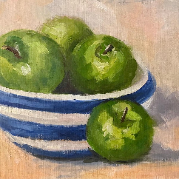 Pommes vertes, bol rayé, peinture à l’huile, peinture 8x10, par Gayle Lambeth, art de la cuisine, fruits, pommes