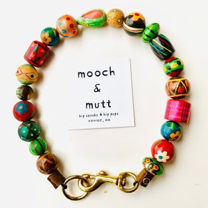 MARDIS Gras  Hand painted WOOD Bead  Dog Collars, Solid BRASS hardware