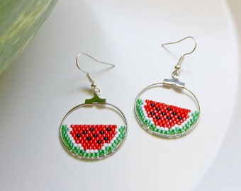 Beaded Watermelon Earrings, Watermelon Slice on Silver Hoop, Fruit Earrings, Gift for Young Girls, Sisters and Friends