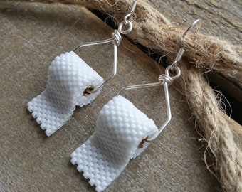 Beaded Toilet Paper Earrings with Silver Wire,   I Survived 2020 Toilet Paper Shortage