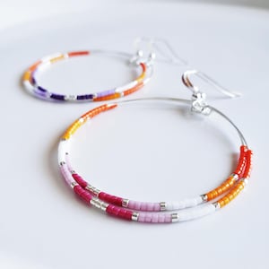 Lesbian Earrings, Beaded Gold Hoop Earrings, Dangle Circle Hoop 2", Large Hoop Earrings, Lesbian Jewelry Hidden Message Girlfriend Gift