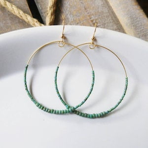 Turquoise Hoop Earrings, Beaded Gold Hoop Earrings, Circle Hoop Earrings 2", Painted Turquoise Earrings, Marble Colour Boho Hoops