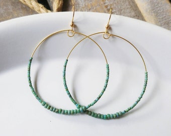 Turquoise Hoop Earrings, Beaded Gold Hoop Earrings, Circle Hoop Earrings 2", Painted Turquoise Earrings, Marble Colour Boho Hoops