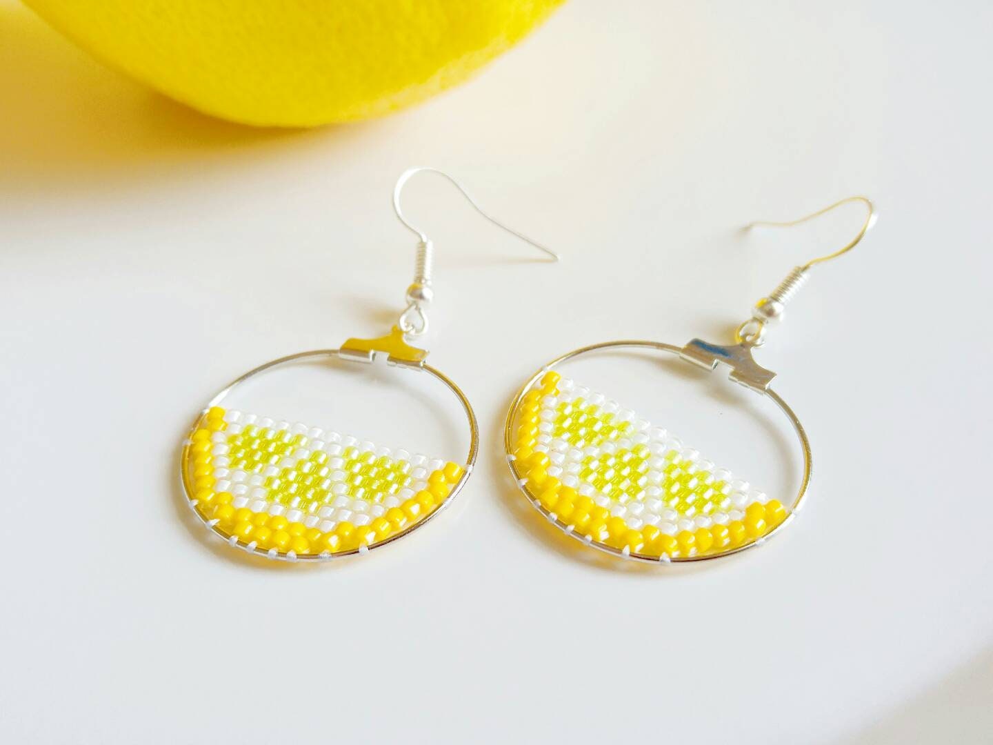 Lemon Earrings Beaded Earrings Silver Hoops Yellow Lemon Etsy Canada