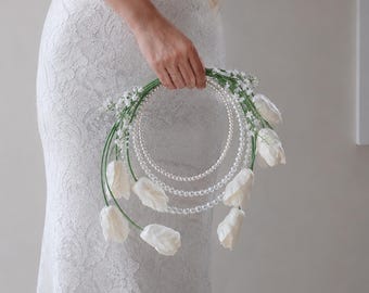 Pearl Wedding bouquet white tulips flowers, bridal and bridesmaid  bouquet, groom boutonniere.