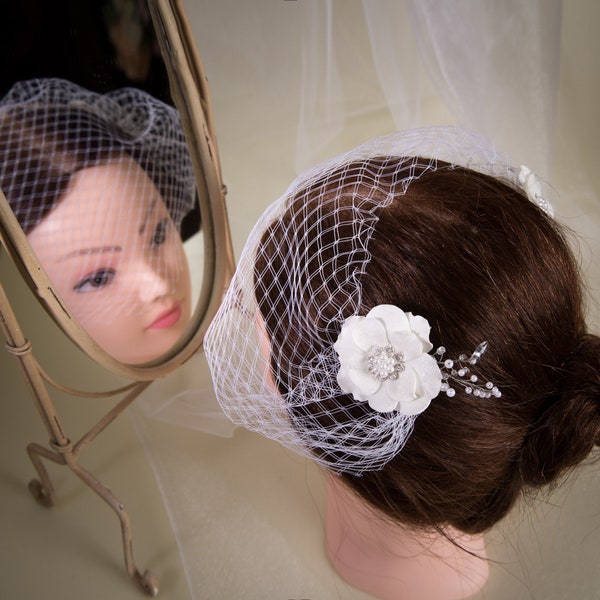 Bridal white Birdcage Veil headband decoration with crystals and pearl brooches.
