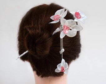 Silver Orchid Dangle Hair Stick, Japanese Kanzashi Bun Holder - Etsy