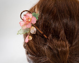 Copper Dangle Hair Stick translucent sakura flowers Dangle Resin Japanese Kanzashi hair pin, Bun Holder