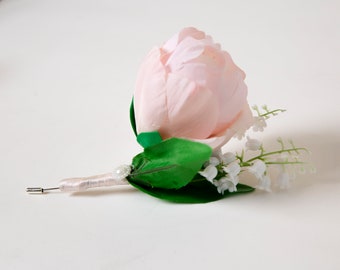Wedding set boutonniere and wedding wrist corsage, peony flower  bracelet wristband, flower girl bridesmaid corsage