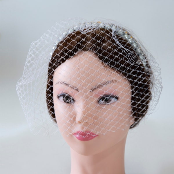 White Bridal Birdcage Veil,  crystals and pearl wedding headband.