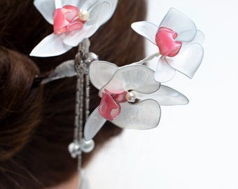 Silver Orchid Dangle Hair Stick, Japanese Kanzashi Bun Holder - Etsy