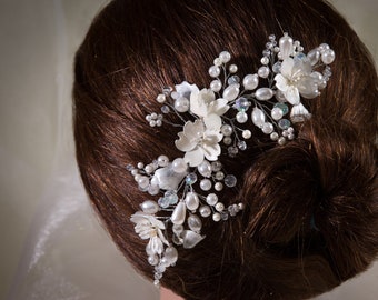 Bridal hair comb  pearl hair piece with white flowers, crystal.
