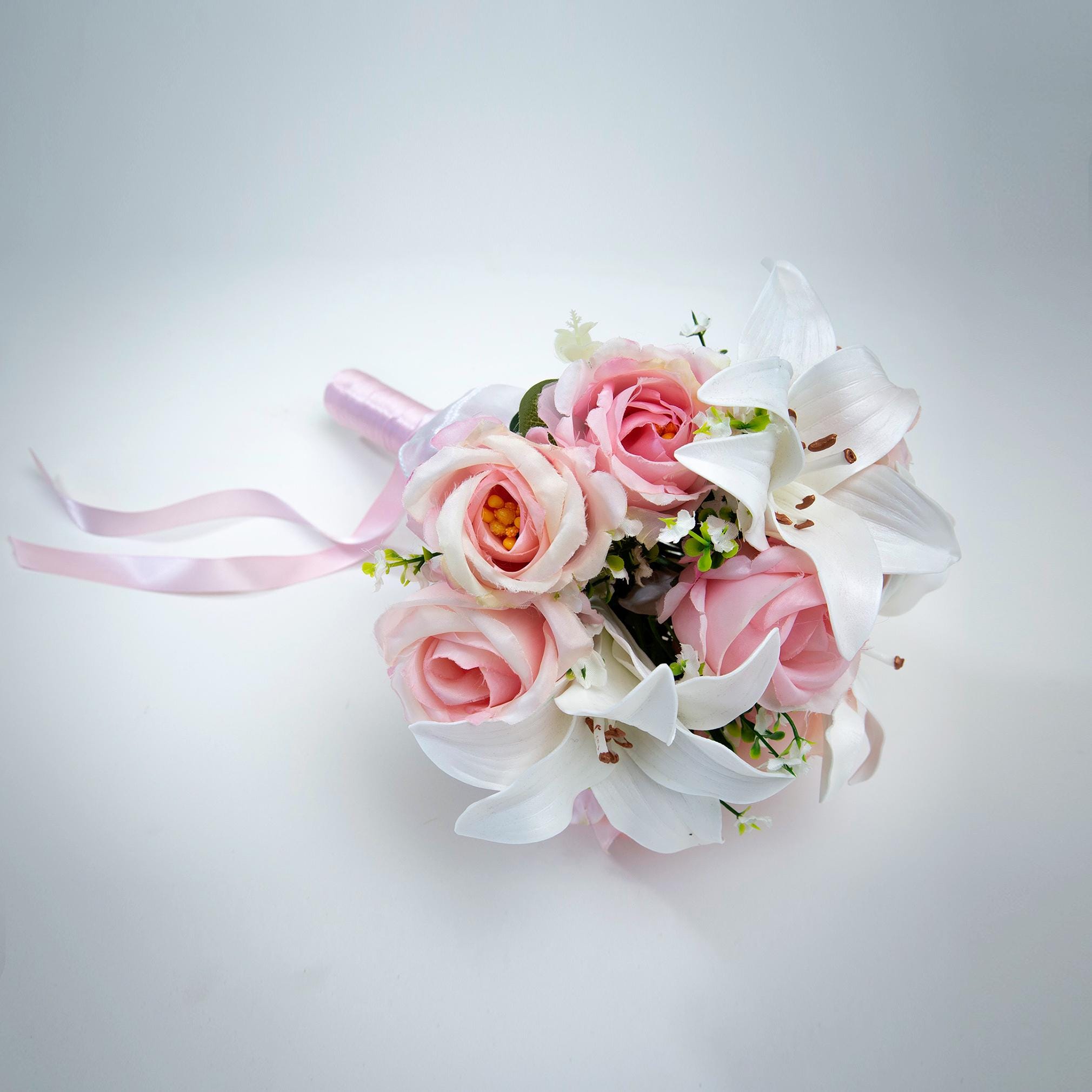 White Tiger Lily and Blush Rose Bridal Bouquet, Wedding Corsage \u0026  Boutonniere Set - Etsy, image size:2020x2020