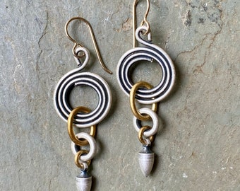 Handmade Mixed Metal Spiral Dangle Earrings — Vermont Craftsman Jewelry, Gift for Her | Whirling Drops