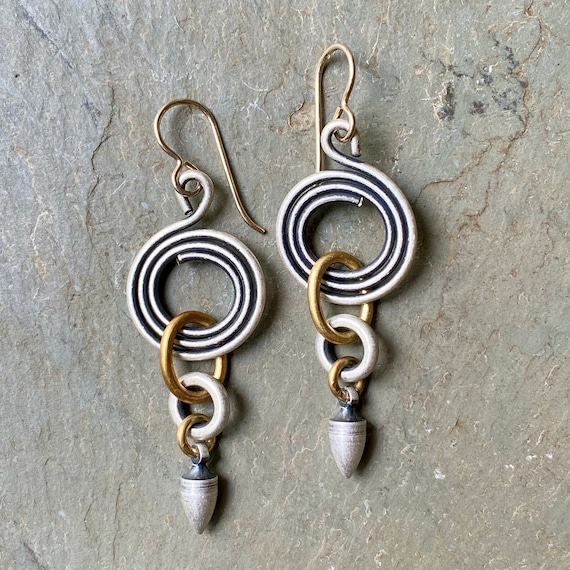 Handmade Mixed Metal Spiral Dangle Earrings — Vermont Craftsman Jewelry, Gift for Her | Whirling Drops