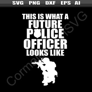 May include: A white silhouette of a police officer holding a rifle with the text "This is what a future police officer looks like".