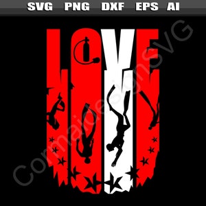 May include: A red, white, and black graphic design with the word "LOVE" in large letters. The letters are made up of silhouettes of scuba divers with fins and oxygen tanks. The background is black.