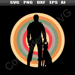 May include: Silhouette of a person standing with a dog in front of a colourful retro circle design. The person and dog are black, and the circle is made up of concentric rings of red, orange, yellow, green, and blue.