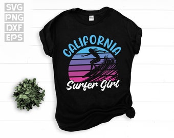SVG, Png, Dxf, Eps - California Surfer Girl Retro Graphic Art, Surf Wave, Surfer Woman, Female Surfing descargas digitales instantáneas