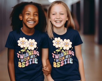 Twinning With My Bestie PNG for Sublimation, Twin Day PNG for Spirit Week T-Shirts, Matching Twin Girls, 70s Groovy Hippie Flowers DOWNLOAD