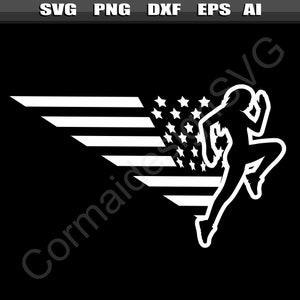 May include: A white silhouette of a person running with a stylized American flag behind them. The flag is in the shape of wings.