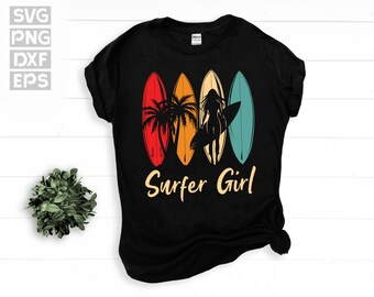 SVG, Png, Dxf, Eps - Surfer Girl Retro Graphic Art, Surfing Girl, Mujer Surfista, Estilo de los años 70, Mujer Surf Boarding descargas digitales instantáneas