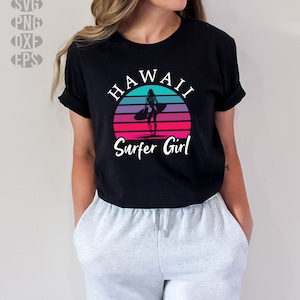 SVG, Png, Dxf, Eps - surfeuse hawaïenne, planche de surf hawaïenne, surfeuse, style rose tropical rétro des années 70, téléchargements numériques instantanés