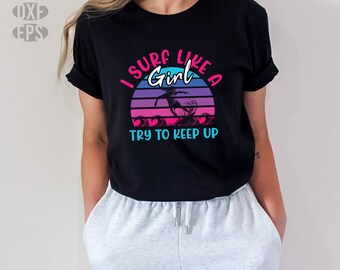 SVG, Png, Dxf, Eps - Surfeo como una chica, Chica surfista, Chica surfista, Estilo rosa retro, Tabla de surf, Surf Boarding descargas digitales instantáneas