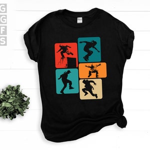 SVG, Png, Dxf, Eps - Parkour art graphique rétro, acrobaties urbaines, course libre, exploration urbaine, téléchargements numériques instantanés de Style des années 70