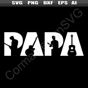 May include: A white silhouette of the word "PAPA" with two guitarists and a guitar in the middle of the word.
