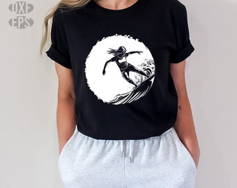 SVG, Png, Dxf, Eps - Surfing Girl Diseño de arte gráfico, Surf Boarding Woman, Surfer Girl, Surdboard, Surfing Lover Lindas descargas digitales