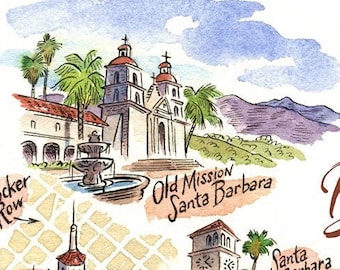 Santa Barbara Map Print, Santa Barbara California, Giclée Print, Fine Art Print