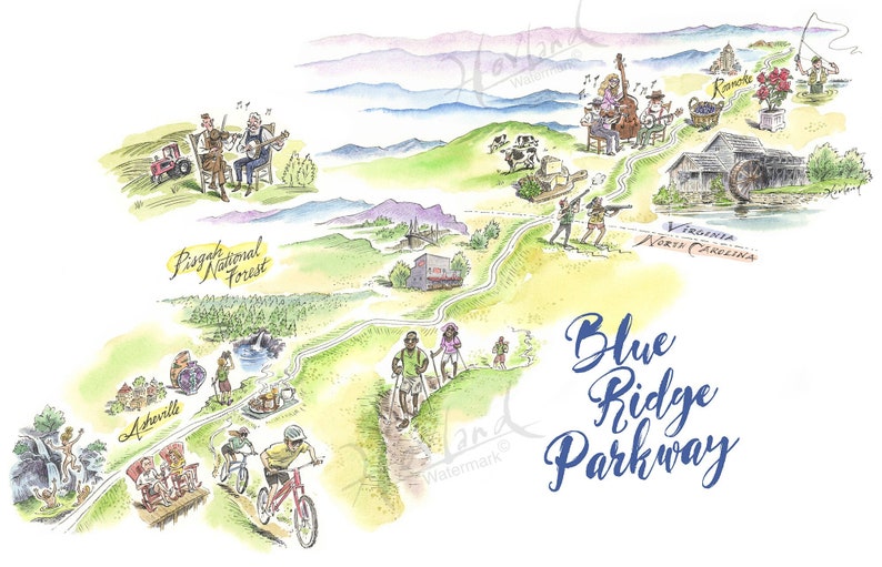 Blue Ridge Parkway Map Art Print: Watercolor Giclée - Etsy