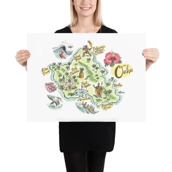 オアフ島ハワイ地図プリント：ペン、インク、水彩画 - Etsy 日本