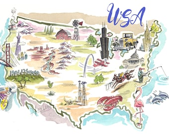 USA Map Print: Watercolor Pen & Ink Giclée Art