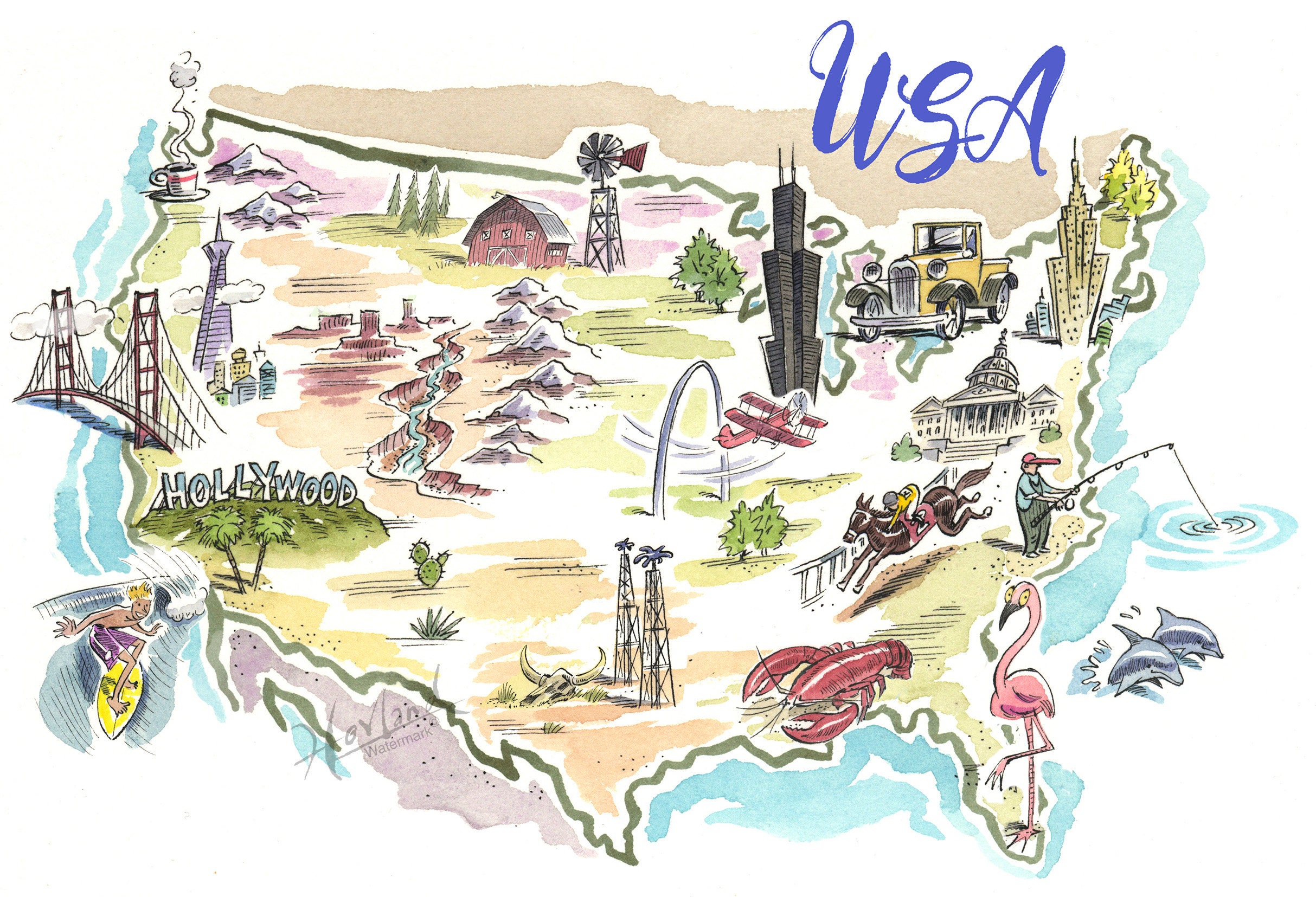 Cartoon Usa Map - Etsy New Zealand Cartoon Usa Map - Etsy New Zealand