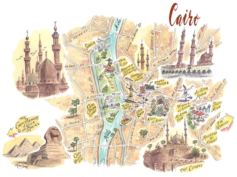 May include: A hand-drawn map of Cairo, Egypt, with landmarks and points of interest highlighted. The map features a watercolor style with a warm color palette. The Nile River is depicted in blue, and the city's streets are shown in a light brown color. The map includes landmarks such as the Citadel, the Al-Azhar Mosque, the Cairo Opera House, and the Great Pyramids of Giza.