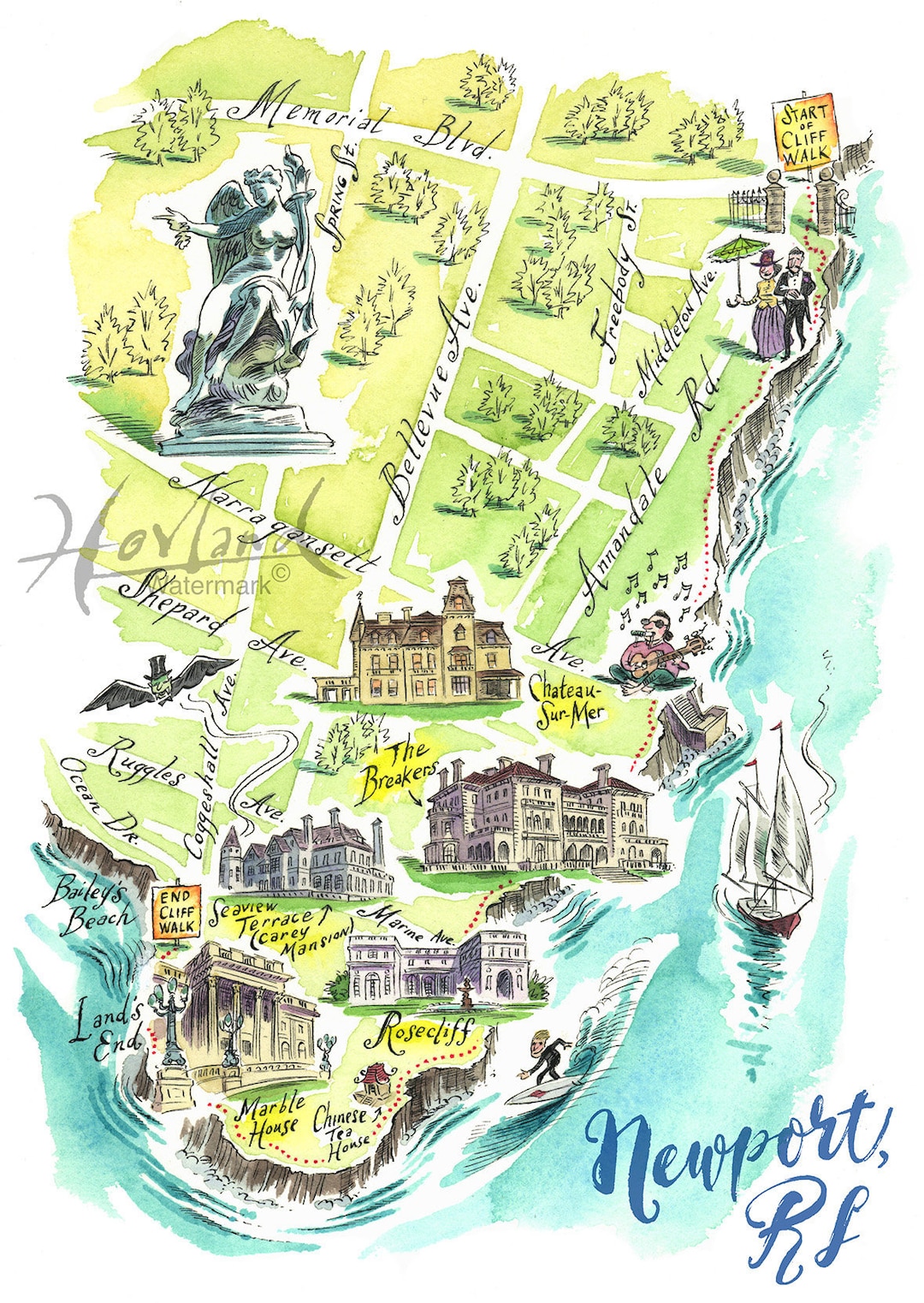 Newport Rhode Island Print, Map of Newport Rhode Island, Illustrated ...