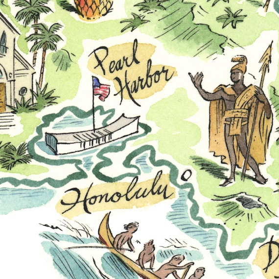 オアフ島ハワイ地図プリント：ペン、インク、水彩画 - Etsy 日本