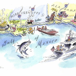 Golfo Shores Mappa, Golfo del Messico, Gulf Shore Stampa, Giclée Stampa, Fun Map