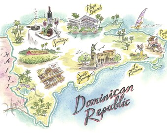 Print of Dominican Republic, Caribbean Islands, Fine Art Print, Gicleé Print, Caribbean Artwork, Dominican Republic Map