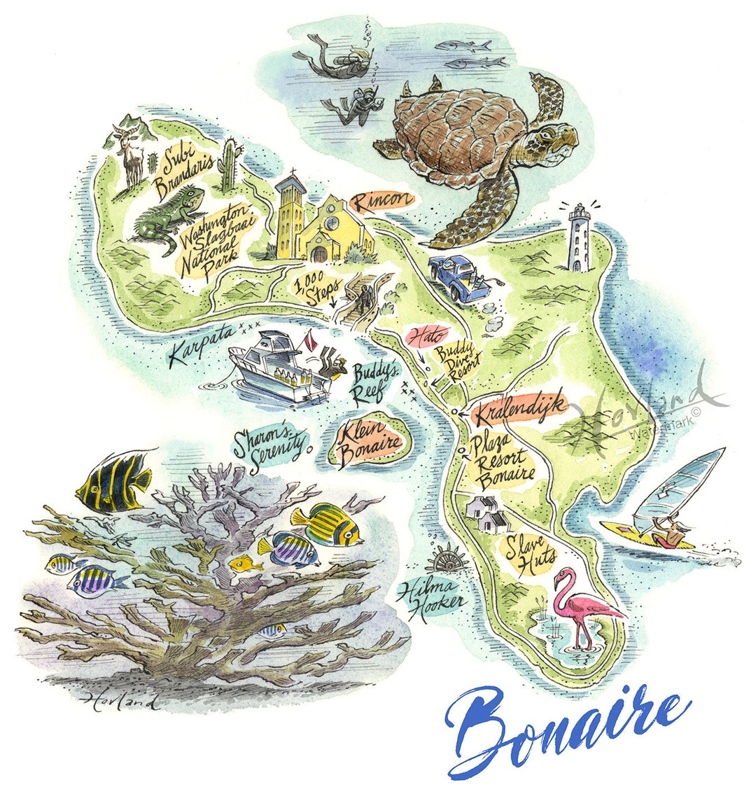 Color Print of Bonaire, the Island of Bonaire, Map of Bonaire Etsy